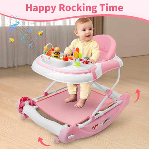 Image of 5 in 1 Baby Walker, Music and Lights Walker for Baby Boy Girls 6-12 Months, Foldable Baby Walkers with Wheels and Bouncer Combo Portable, Toddler Infant Walker with Adjustable Height