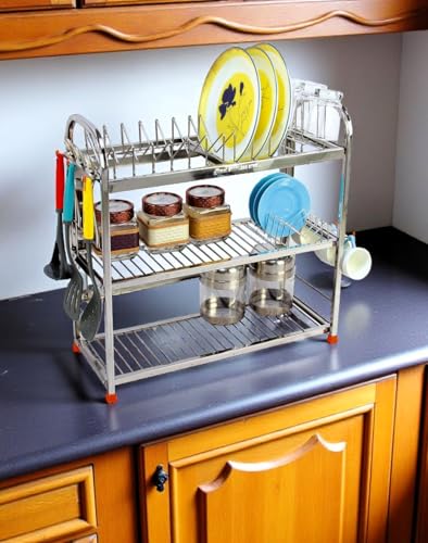 Image of AMOL Stainless Steel 3 Tier Dish Rack for Kitchen | Wall Mount & Countertop Plate Rack Organizer with Glass & Spoon Holder | Rust Proof Utensils Drying Stand (22 x 22 x 09 inches)