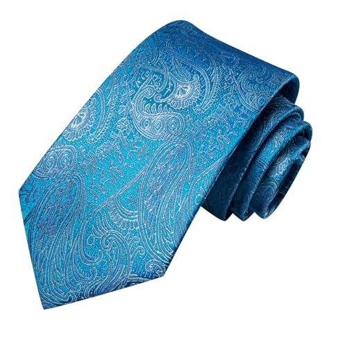 Image of Hi-Tie Paisley Turquoise Blue Men Ties Silk Jacquard Formal Business Necktie Pocket Square Cufflinks Tie Clip Set Wedding Party