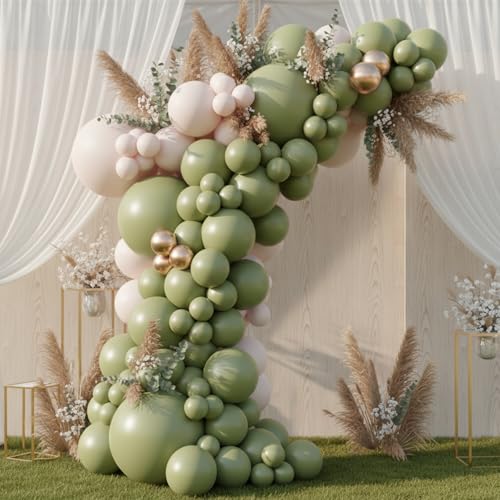 Image of RUBFAC 135pcs Sage Green Balloons, Latex Olive Dusty Green Balloon Different Sizes 18 12 10 5 Inch for Garland Arch Birthday Party Graduation Baby Shower Wedding Safari Jungle Boho Decoration