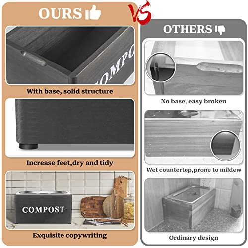 Compost Bin For Kitchen Counter,Countertop Compost Bin With Lid,Kitchen Compost Bin Indoor Compost Container,Food Waste Bin,Smell Proof Stainless Steel Insert 1.6 Gallon And Wood Box Black #TOP4