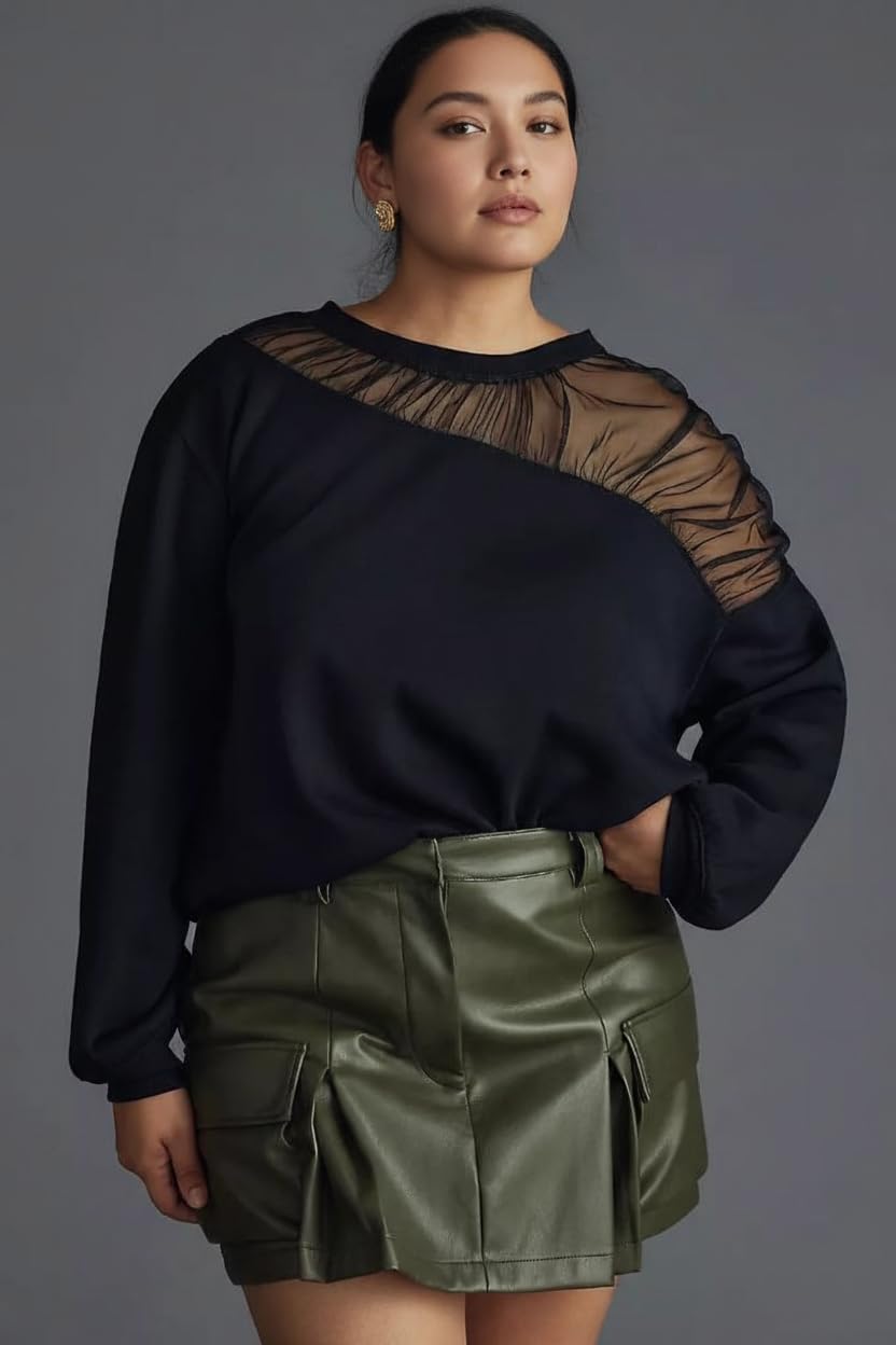 VAOYIU Women's Shoulder Mesh Design Sweatshirt Casual Long Sleeve Crew Neck Pullover Tops Casual Lace Edged Clothing - Image 3