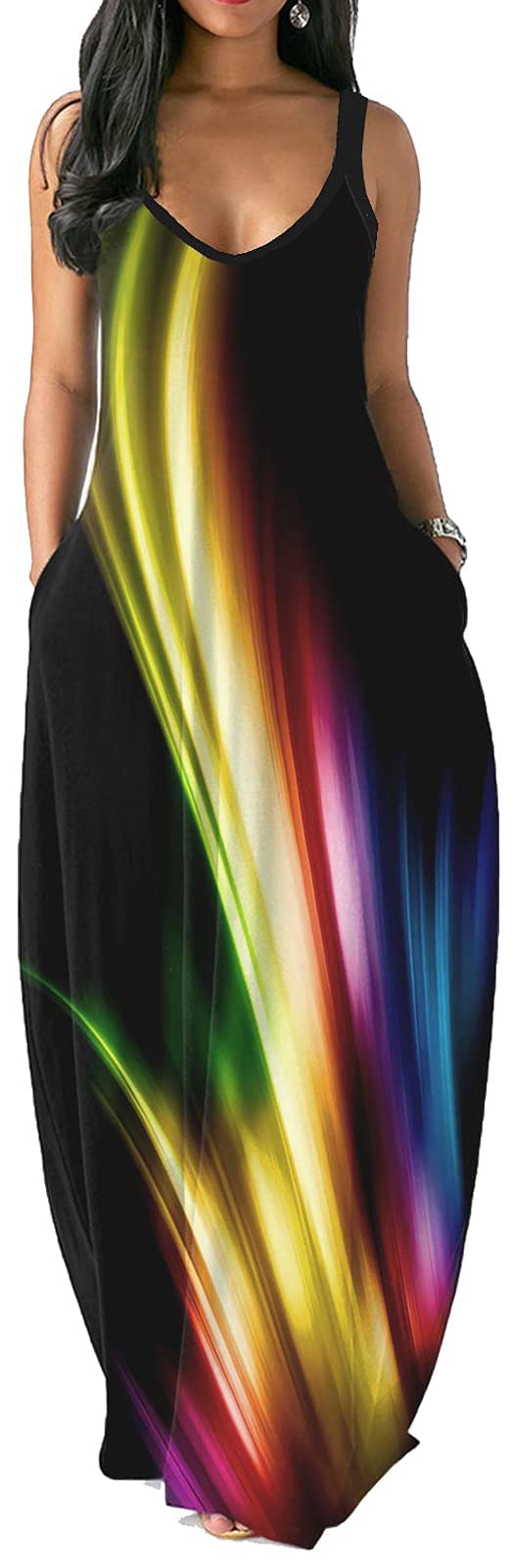 LaiyiVicWomen's Casual Maxi Dresses Summer Sexy Stripe Bodycon Long Floor Length Sleeveless Colorful Sundresses Plus Size