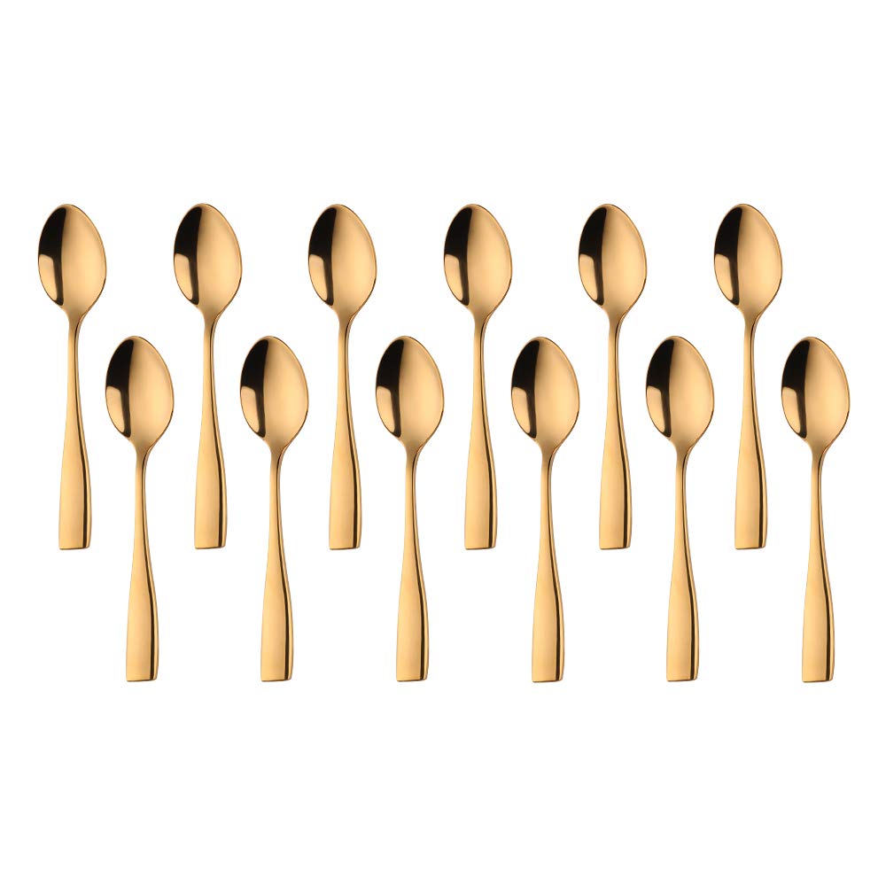 SUNSHENGEUR Lot de 12 mini cuillères à café en acier inoxydable, doré, 10,9 cm, motif autographe