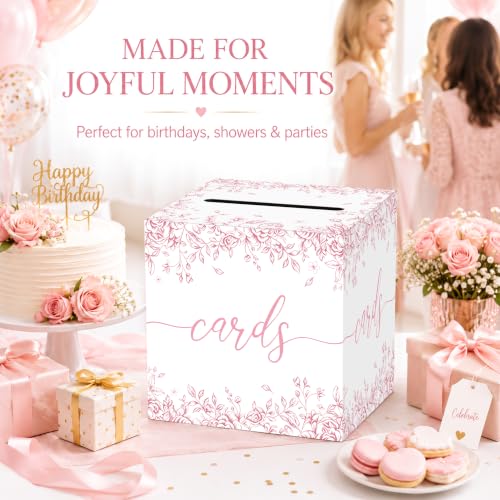 Image of Pink Floral Wedding Card Box with Slot for Baby Shower and Birthday