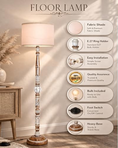Image of Homesake Royal Carving Antique White Finish Wooden Floor Lamp for Living Room | Light Decoration for Home Corner Lamp for Living Room Bedroom Bedside | Standing Lamp | KD Off-White Drum Shade