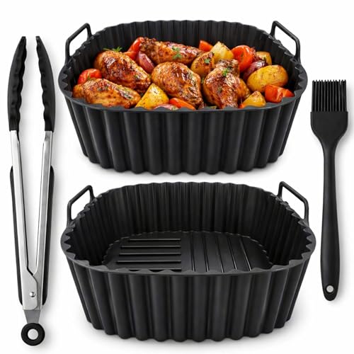 Air Fryer Silicone Liners 2 Pack for 4–7QT Square Basket – Reusable Nonstick Food-Grade Silicone Air Fryer Basket Liners – Dishwasher Safe, Includes Tongs & Basting Brush