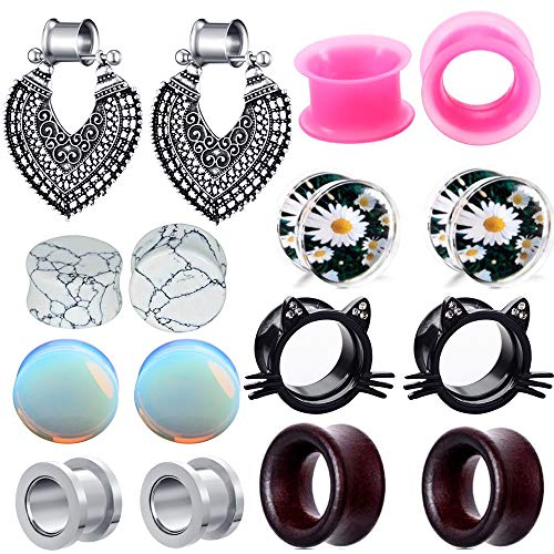 8 Pairs Stainless Steel Dangle Plugs Woman Ear Gauges Tunnels Earrings Silicone Opal Stone Turquoise Wood Gauges Screw Stretcher Black Cat (8mm=0g) Kentucky 