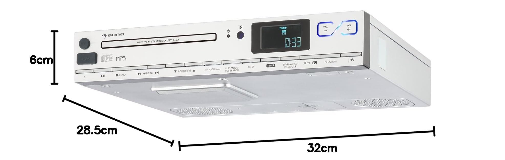auna KCD-20 - Radio de Cocina, Radio para Mueble, Aspecto de Aluminio, Radio FM, RDS, Memoria 20 emisoras, Puerto USB Compatible con MP3, AUX, Alarma, Mando a Distancia, Plateado