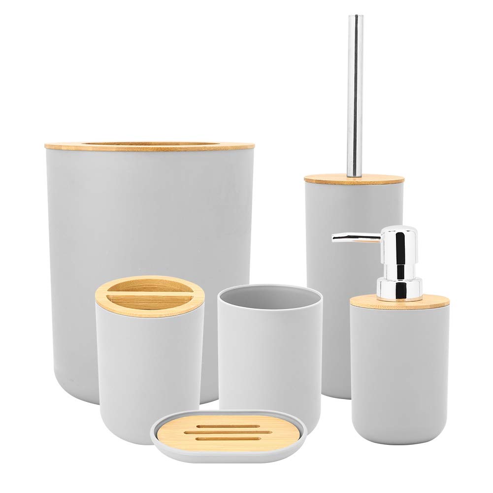 Juego de accesorios de baño, 6 piezas, organizador para fregadero de baño, caja de jabón, soporte para cepillo de dientes, taza de enjuague, botella de loción (gris)