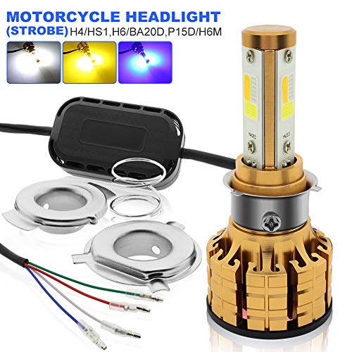 BOODLIED 45W H4 LED Motorcycle Headlight Bulb 5500LM All-in-One 3Color Lights White/6500K+Amber/3000K+Blue/12000K Hi-Lo Beam 9003/HS1 P15D/H6M BA20D/H6 LED Headlight Bulb Replacement.Pack of 1.