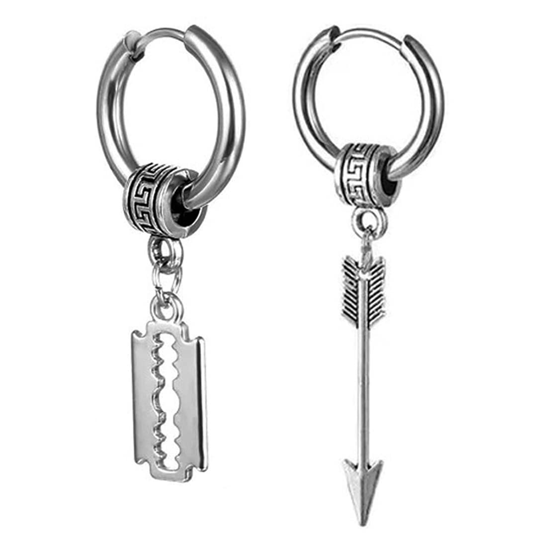 m men style Razor Blade With Arrowhead Titanium Silver Stainless Steel Hoop Earrings-picture-51