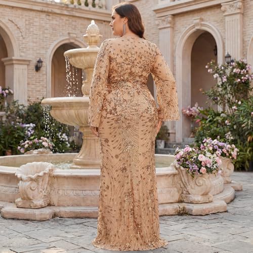 Image of Plus Size Formal Dresses for Women with Embroidery Sequin and Cape Sleeve, V-Neck Maxi Dress for Wedding and Party
