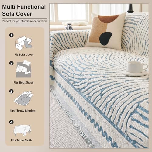 Miniatura 5 de ROOMLIFE Funda de sofá gruesa a rayas con borlas, funda de sofá de felpilla azul para sofá seccional, fundas de sofá suaves para sofá biplaza en