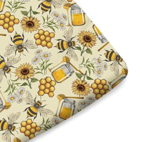 Image of Retro Honey Bees Sunflowers Baby Crib Sheets - 52 inchx28 inch Vintage Bees Daisy Floral Soft Breathable Mattress Cover - Fits Standard Crib and Toddler Mattress