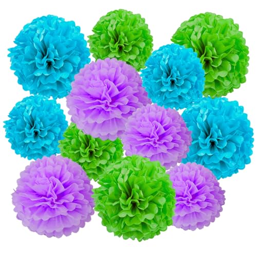 Image of 12pcs Blue Green and Purple Paper Pom Poms Decorations for Birthday Party Decorations - 3 Colors of 12 Inch, 10 Inch