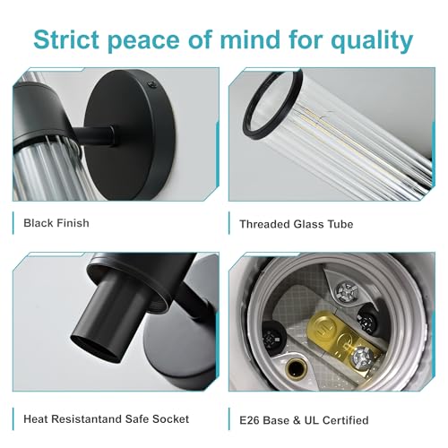 Image of Bathroom Light Fixtures 2 Pack Hardwired, Black Wall Sconce Threaded Glass Vanity Light Featuring Two E26 sockets, Bathroom Wall Light Dimmable - Bulb Not Included, UL Certification