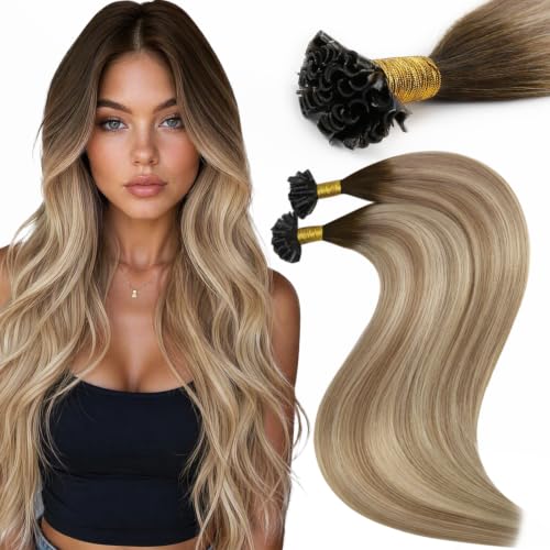 Moresoo U Tip Hair Extensions Human Hair, Ash Brown Dirty Blonde, 14 Inch