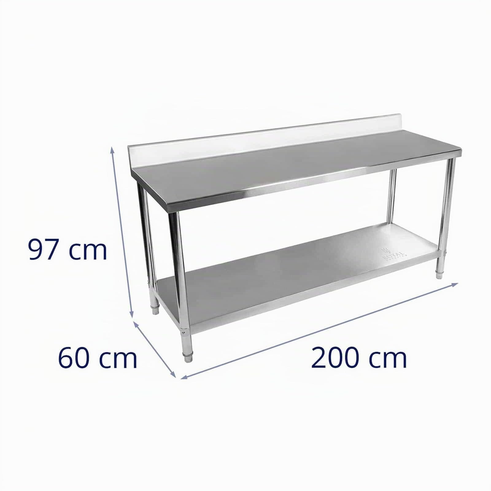 Royal Catering Plan de Travail Table de Travail avec Rebord RCAT-200/60-S (200 x 60 cm, 2 Plans, capacité de Charge 400 kg, Pieds Ajustables, Acier Inoxydable)