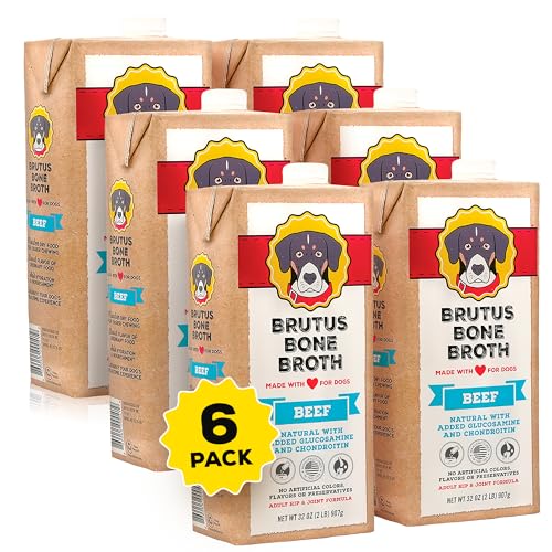 Image of Brutus Bone Broth for Dogs | All Natural | Made in USA | Glucosamine & Chondroitin for Healthy Joints | Human Grade Ingredients | Hydrating Food Topper, Gravy & Treat Pack of 6