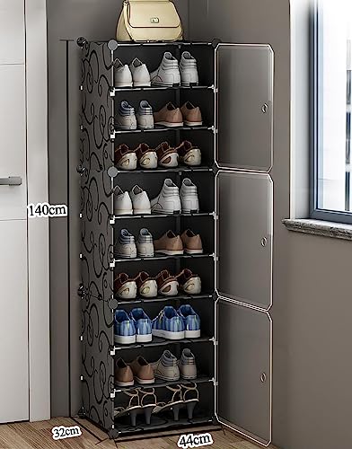 Image of Zemic DIY Portable Shoe Rack for Home Plastic Shelves Household, Shelf Shoe Rack with Dustproof Door for Heels /Slippers /Boots for Entryway or Bedroom (Black, 9-Shelf-3-Door)