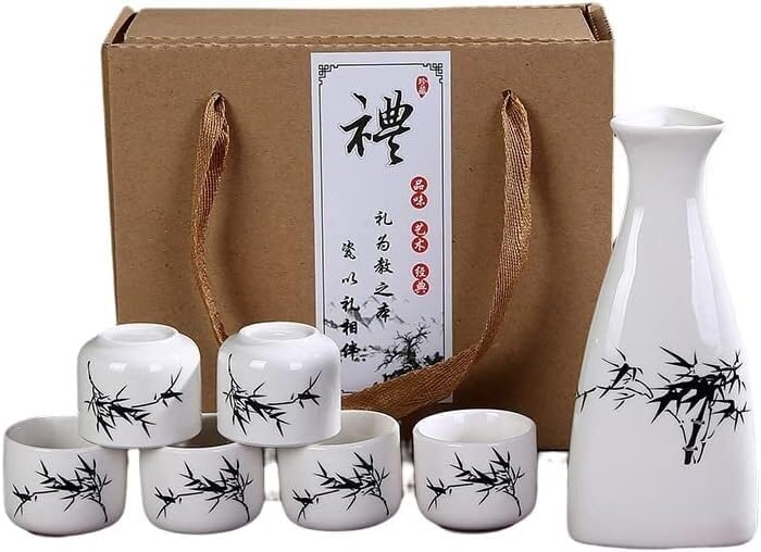 Ceramic Sake Set, Traditional Japanese Pottery Hot Saki Drink, 7-Piece Include 1 Sake Bottle 6 Cup + Sake Storage Gift Box (A)