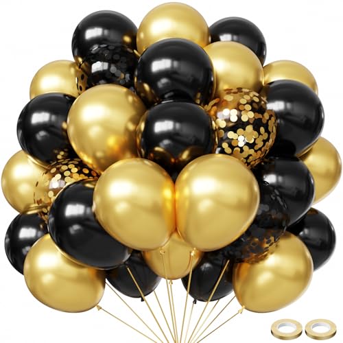 Image of Hiquaty Black and Gold Balloons,60pcs Black Balloons,12 Inch Gold Balloons,Black and Gold Confetti Balloons with Gold Ribbon for New Year Wedding Bridal Shower Party Decorations