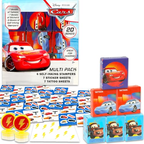 Disney Cars Party Favors for 20 Guests Bundle ~ 20 Pieces Lightning McQueen Favor Boxes with Stickers, Tattoos and Stampers for Kids Birthday Party | Cars Party Supplies and Decorations Combo Pack