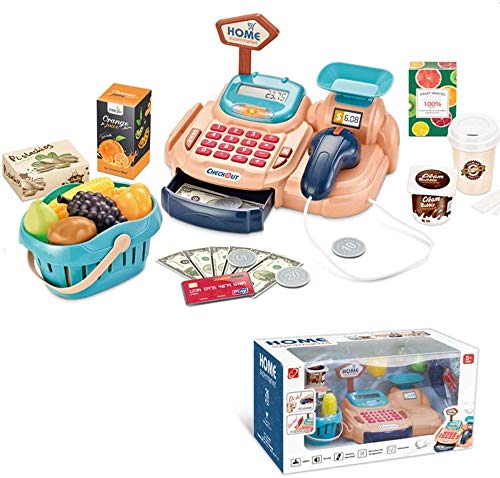 Arkmiido 26pcs Caja Registradora Electrónica Inteligente Juego De Simulación De Juguete De Supermercado con Escáner Cesta De La Compra De Dinero para Alimentos para Niños (Caqui)