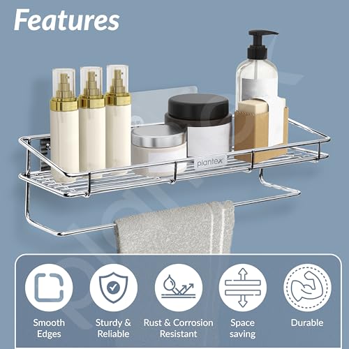 Image of Plantex Self Adhesive Bathroom Shelf /Stainless Steel Shelf with Towel Rod /Napkin Holder /Kitchen Shelves & Racks /Kitchen Stand /Rack (Chrome)