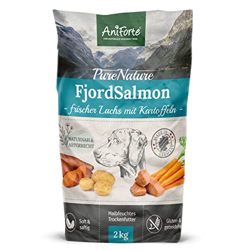 AniForte Lachs Trockenfutter für Hunde 2kg – Frischer Lachs mit Kartoffeln & Vitaminen, Halbfeuchtes Trockenfutter, Hundefutter trocken getreidefrei & glutenfrei für Allergiker