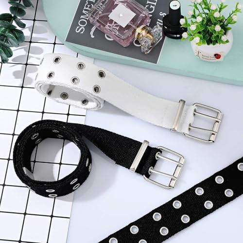 Geyoga 2 Pieces Double Grommet Canvas Belts Two-Hole Jeans Vintage Buckle Punk Belts for Men and Women3