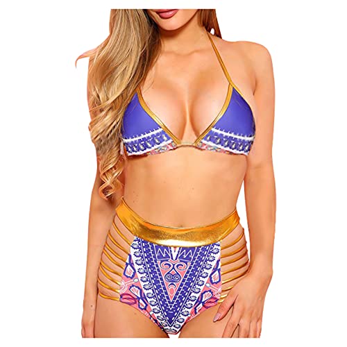Maillot de Bain rétro Bikini Jeu de Timbres de qualité Style de caractère Or Taille Haute Impression Swimwears Tankinis Set Fashion Swimwears Bikini Styler