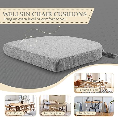 Image of Wellsin Chair Cushions for Dining Chairs 6 Pack - Kitchen Chair Cushions with Ties and Non-Slip Backing - Dining Chair Pads 16 inchX16 inchX2 inch, Light Gray
