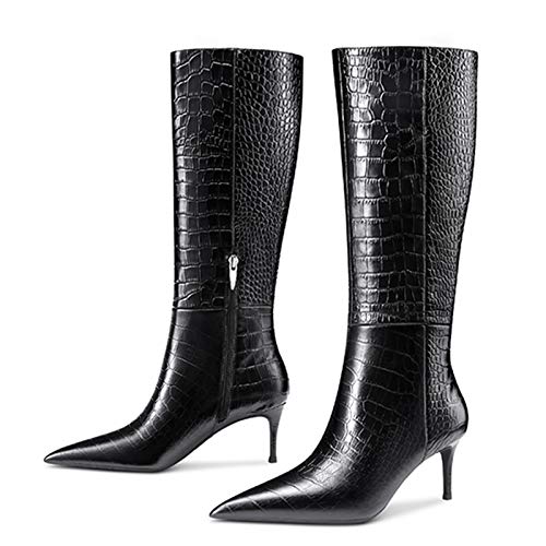 Lutalica W Women's Pointed toe Kitten Heel Knee High Boots Stone Pattern Side-Zip Stiletto Boots For Fall Winter3