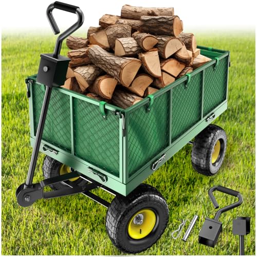 tectake® Chariot de Transport Jardin Remorque Chariot à roulettes Charrette à Bras Capacité 550 kg Parois latérales rabattables et Bâche pour Bois de Chauffage...