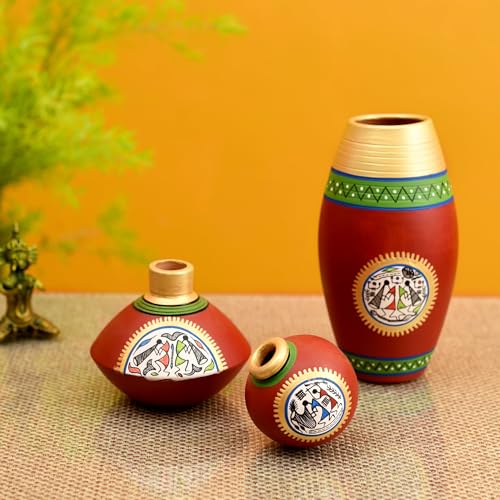 Image of Aakriti Art Creations Rustic Warli Vases Set of 3 in Red | Warli Art Hand-Painted Terracotta Flower Vases | Matte Finish Decorative Vases for Living Room, Table Decor & Gifting