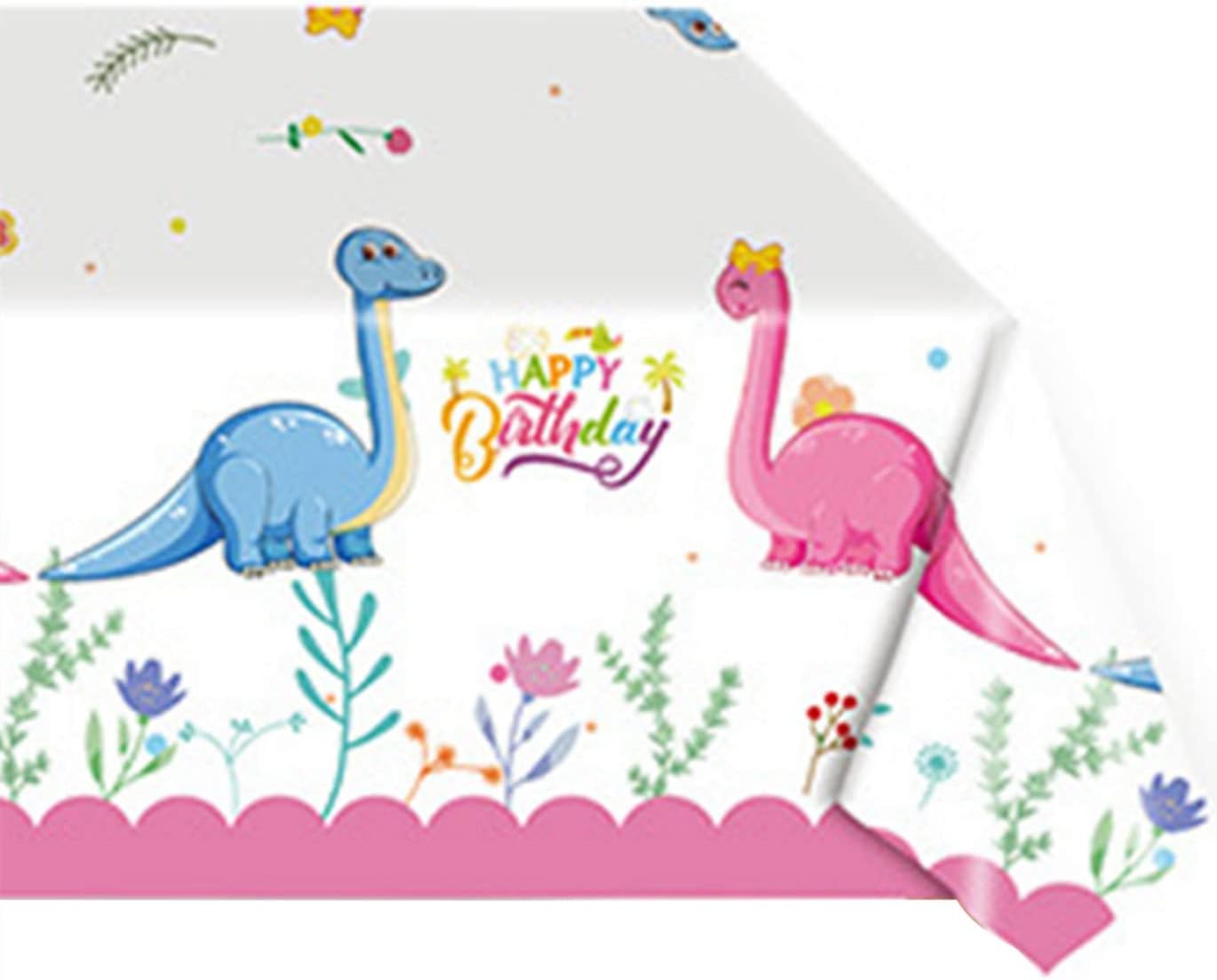 130*220cm Pink Happy Birthday Dinosaur TableCloth Party for Girls Birthday Parties,Rectangular Dino Cartoon Table Cover Plastic Tablecloths for Kids Dinosaur Theme Birthday Party Supplies Decorations
