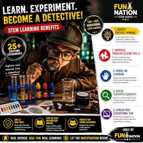 Image of FUN NATION Science Experiment Kit for Kids Ages 8-12 | STEM Science Detective & Spy Kit with 25+ Chemistry Experiments, Fingerprint Investigation, Magnifying Glass & Periscope | Birthday & Return Gift
