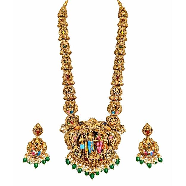 Premium Sita Ramam Temple Jewellery Long Haram Set for Women | Antique Gold Plated Bridal Necklace with Rama Sita Lakshmi Motifs & Pearl Danglers | Traditional South Indian Wedding Jewellery with Matching Earrings-image-46