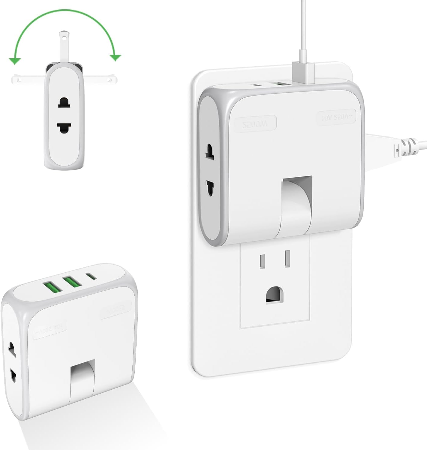 Outlet Extender with USB, 2 AC Outlets and 3 USB Ports (1 USBC