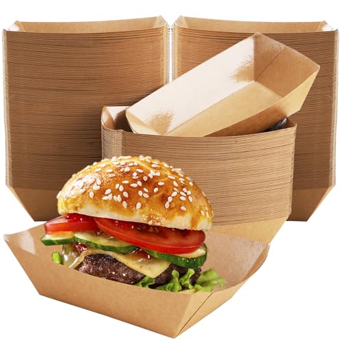 DEAYOU 250 Pack Paper Food Boats, 2 LB Kraft Food Trays Disposable, Grease Resistant Snack Holder Container for French Fries, Nachos, Hot Dog, Tacos, Popcorn, BBQ, Party, Picnic, Concession Stands