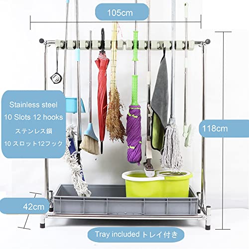 Movable Floor Standing Mop Broom Holder,Commercial Stainless Steel Mop Rack, Cleaning Supplies Organizer,Garden Tool Storage,Umbrella Stand,Put Wet Mops,5 Slots,for Garage,Schools,Hospitals,Factories