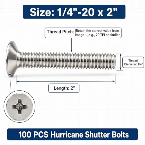 Image of Blulu 100 Pcs 1 /4 inch-20 x 2 Hurricane Shutter Fasteners, Sliver