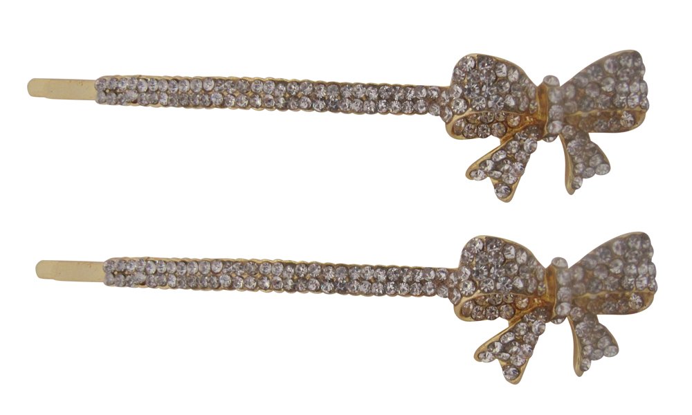 Pick A Gem Hair AccessoriesPair of Quality Crystal Ribbon Bow Hair Grip Clips/Hijab Pin/Pasmina Pin Gold Plated Metal Finish