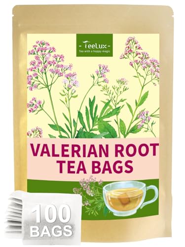 Image of TeeLux Valerian Root Tea Bags, Smooth & Mild Taste, Caffeine Free, 100 ct | Natural Valerian Root Herbal Tea, Sugar Free & Gluten Free, Enjoy Hot or Iced, Foil-Lined Resealable Pouch