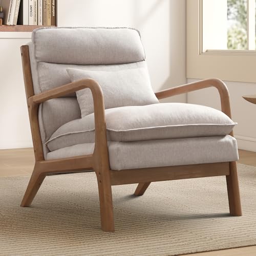 EBELLO Modern Accent Chair with Lumbar Pillow, Armchair with Double-Layered Cushion & Curved Arms, Solid Wood Frame Reading Chair for Living Room, Bedroom, Beige