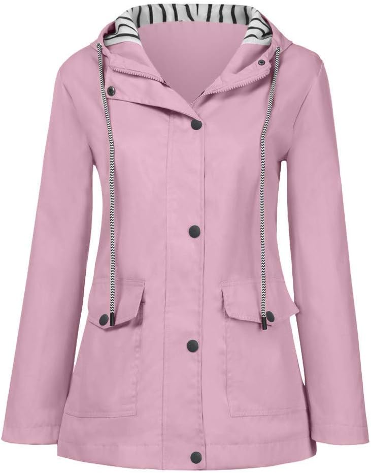 BOLANQ Women Solid Rain Jacket Outdoor Plus Size Waterproof Hooded Raincoat Windproof