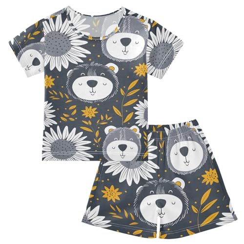 ALAZA Bear Sunflower Leaves Pajamas Short Sleeve 2 Piece Sleepwear Top and Bottom Pajama Set Unisex