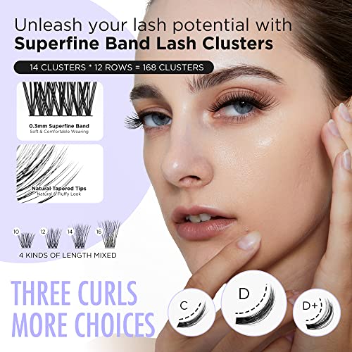 Beyelian Cluster Lashes D Curl 168 Pcs Individual Lash Clusters False Eyelashes Extension Natural Look Reusable Glue Bonded Black Super Thin Band Mix Diy Eyelash Extension (Style3 0.07 Mix Black Band) #TOP1